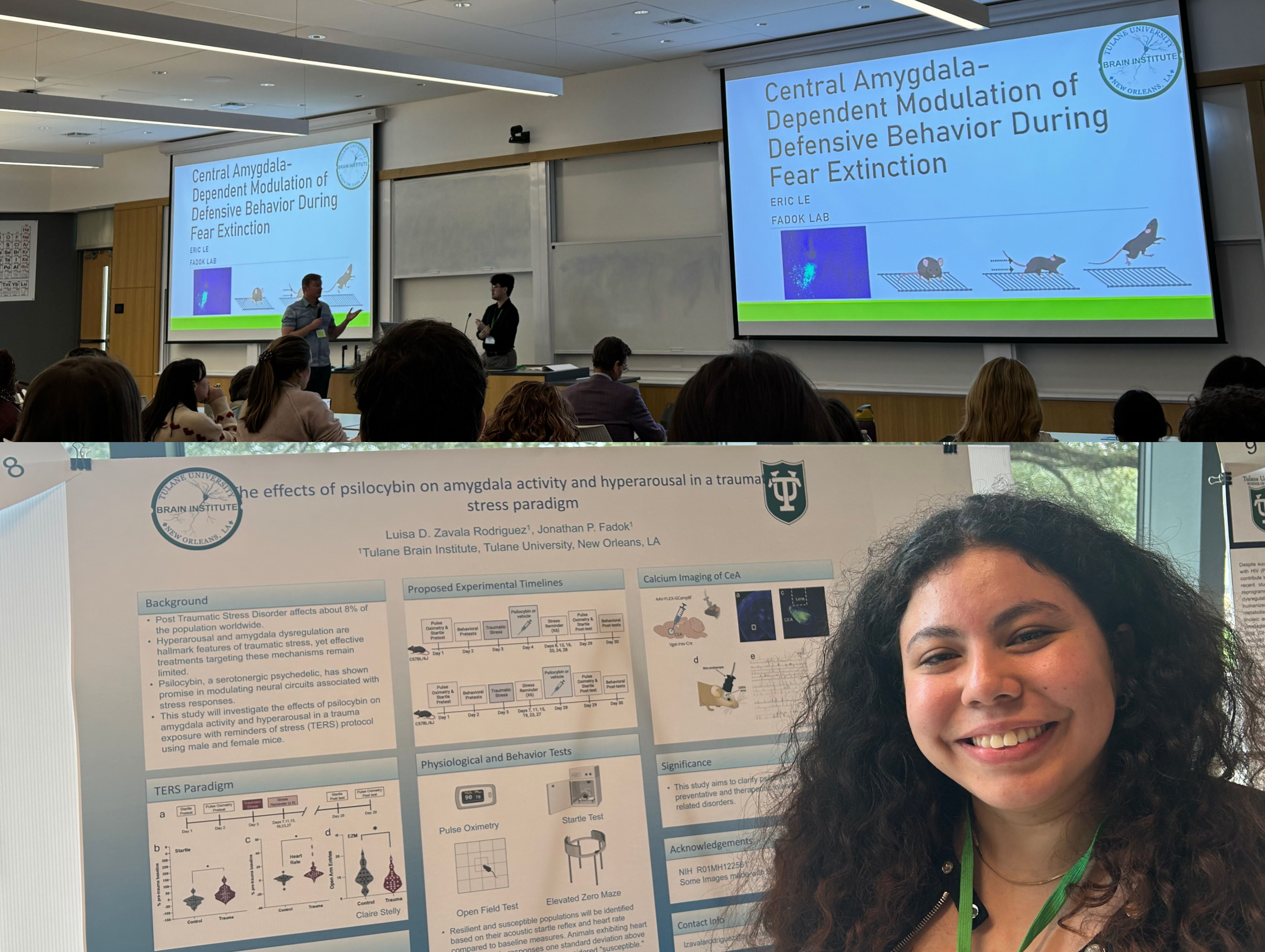 Eric is being introduced by Dr. Fadok for his presentation in the top photo and the bottom photo shows Luisa standing next to her poster and smiling.