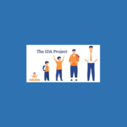 A blue background with the text The IDA Project above an illustration of four people.