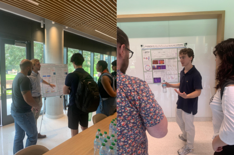 JP Ott (left) and Owen Brown (right) presents their postersto several observers