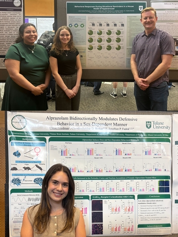 Josie stands next to Luisa her PhD Student Mentor, their poster is visible and Dr. Fadok stands to the right. The bottom image shows Chloe standing with her poster.
