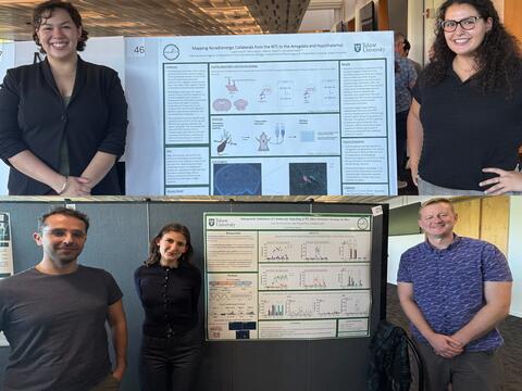 Lulu Sawaf and Maria Najar standing next to Lulu's poster in top image and Jose Noriega, Laura Lacavaro, and Dr. Fadok stand next to Laura's poster at symposium
