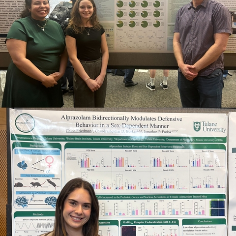 Josie stands next to Luisa her PhD Student Mentor, their poster is visible and Dr. Fadok stands to the right. The bottom image shows Chloe standing with her poster.