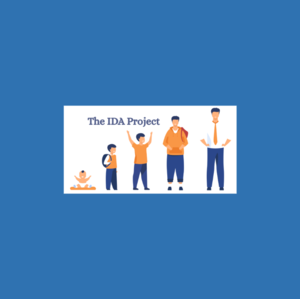 A blue background with the text The IDA Project above an illustration of four people.