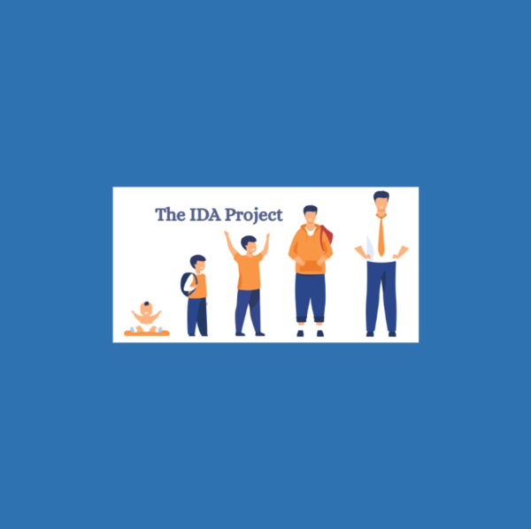 A blue background with the text The IDA Project above an illustration of four people.