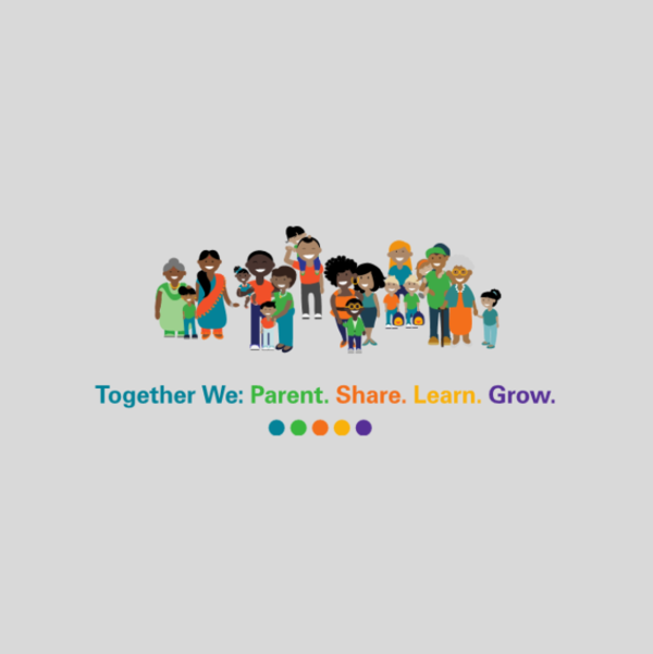 Diverse group of people standing together; slogan reads, "Together We: Parent. Share. Learn. Grow."